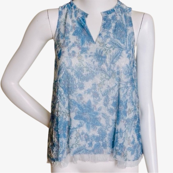 Anthropologie Tops - ANTHROPOLOGIE Vanessa Virginia Metallic Silver Blue Floral Sleeveless Top Blouse